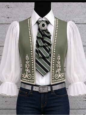 OOAK Necktie Necklace Navy/Green Stripe Lg Jeweled Brooch and Goldtone Chain